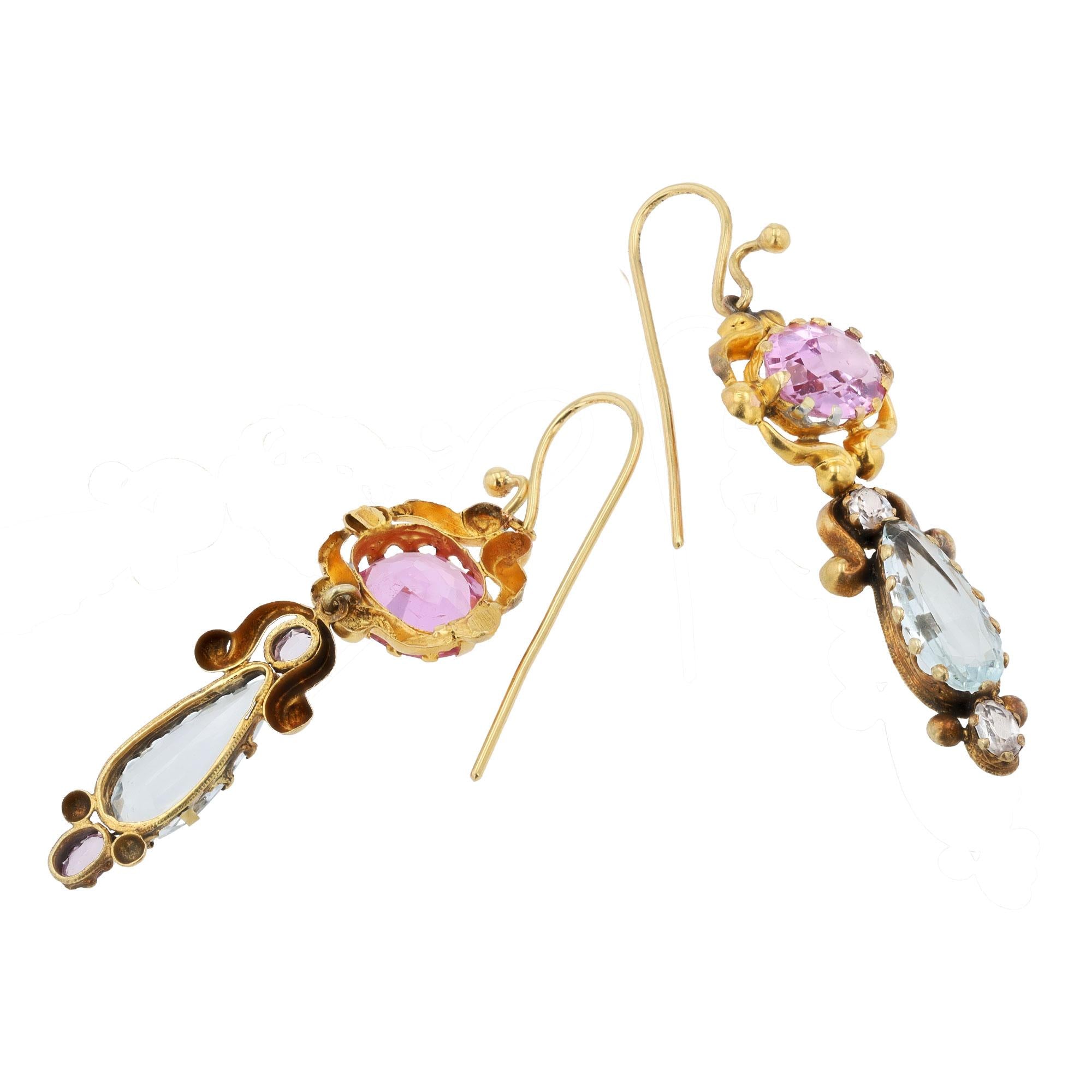 Georgian High Karat Gold Imperial Topaz & Aquamarine Drop Earrings