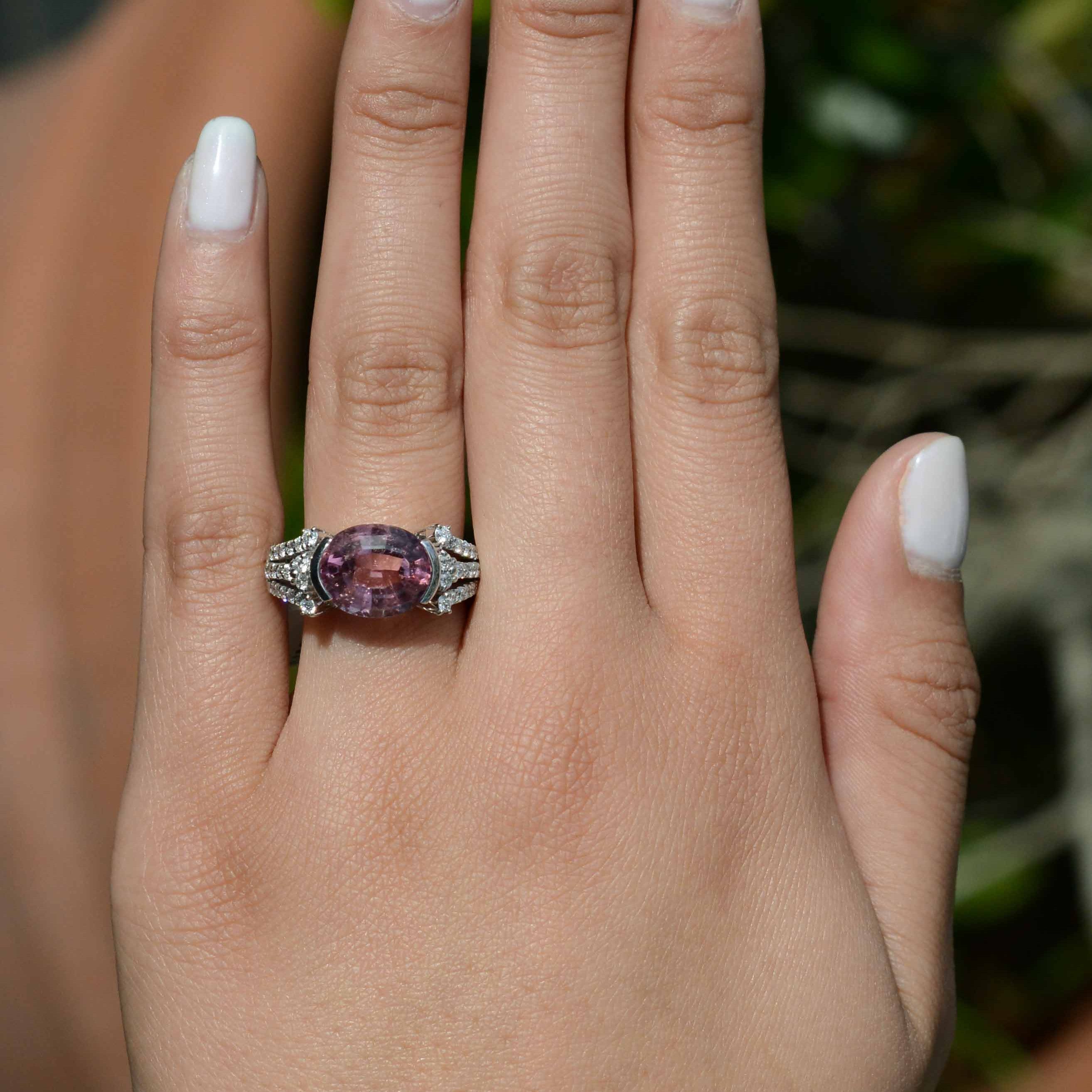 East West 6.90 Carat Pink Tourmaline and Diamond Ring