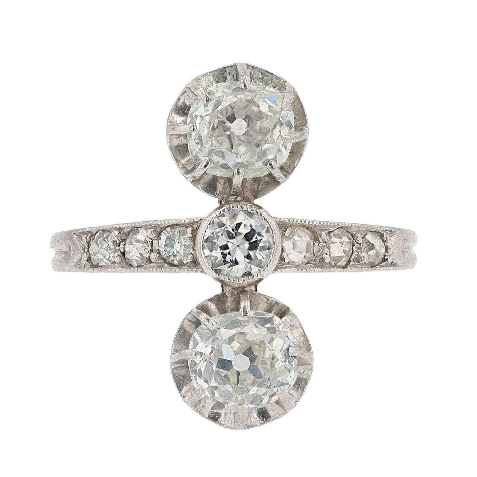 Elongated Edwardian Twin Diamond Three Stone Trilogy Engagement Ring