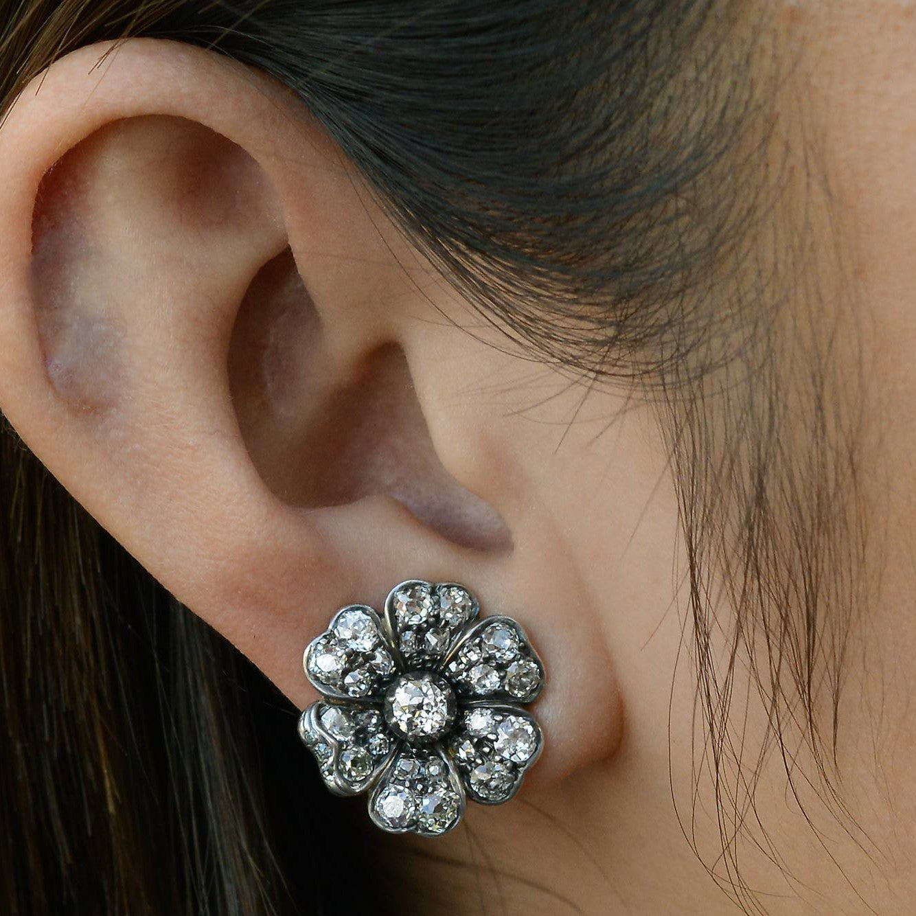 English Victorian Diamond Flower Earrings