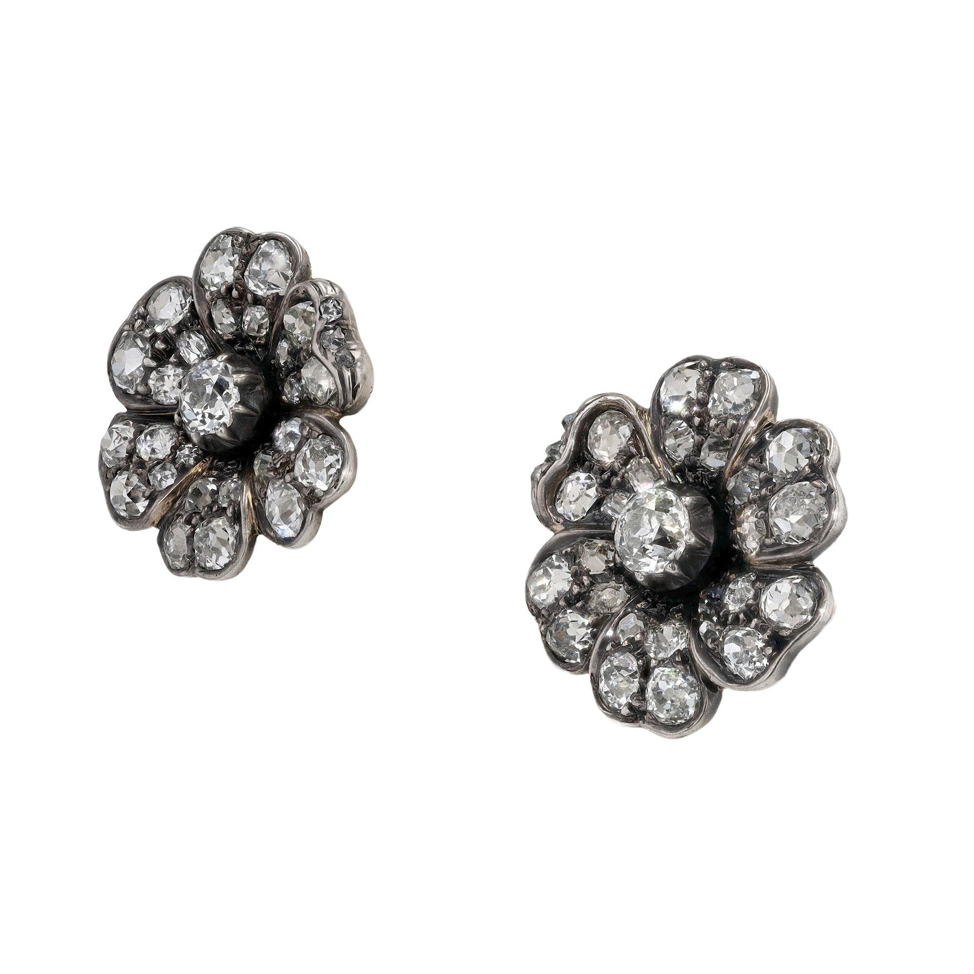 English Victorian Diamond Flower Earrings