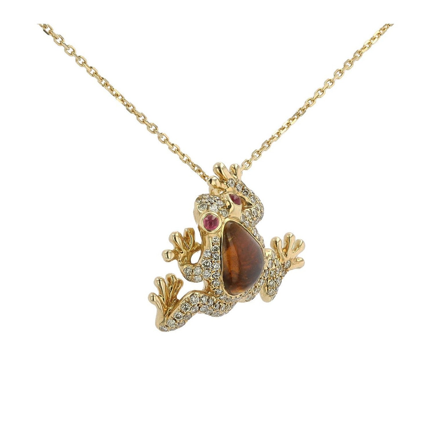 Estate Tourmaline Diamond and Ruby Frog 18k Yellow Gold Necklace