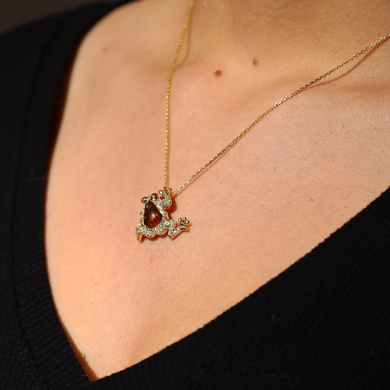 Estate Tourmaline Diamond and Ruby Frog 18k Yellow Gold Necklace