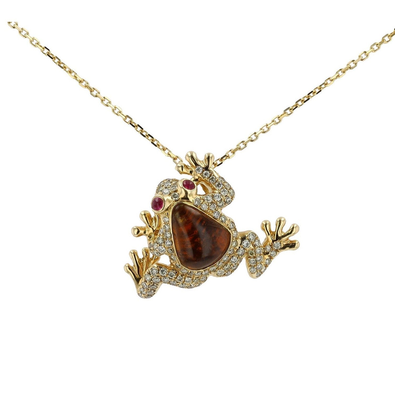 Estate Tourmaline Diamond and Ruby Frog 18k Yellow Gold Necklace