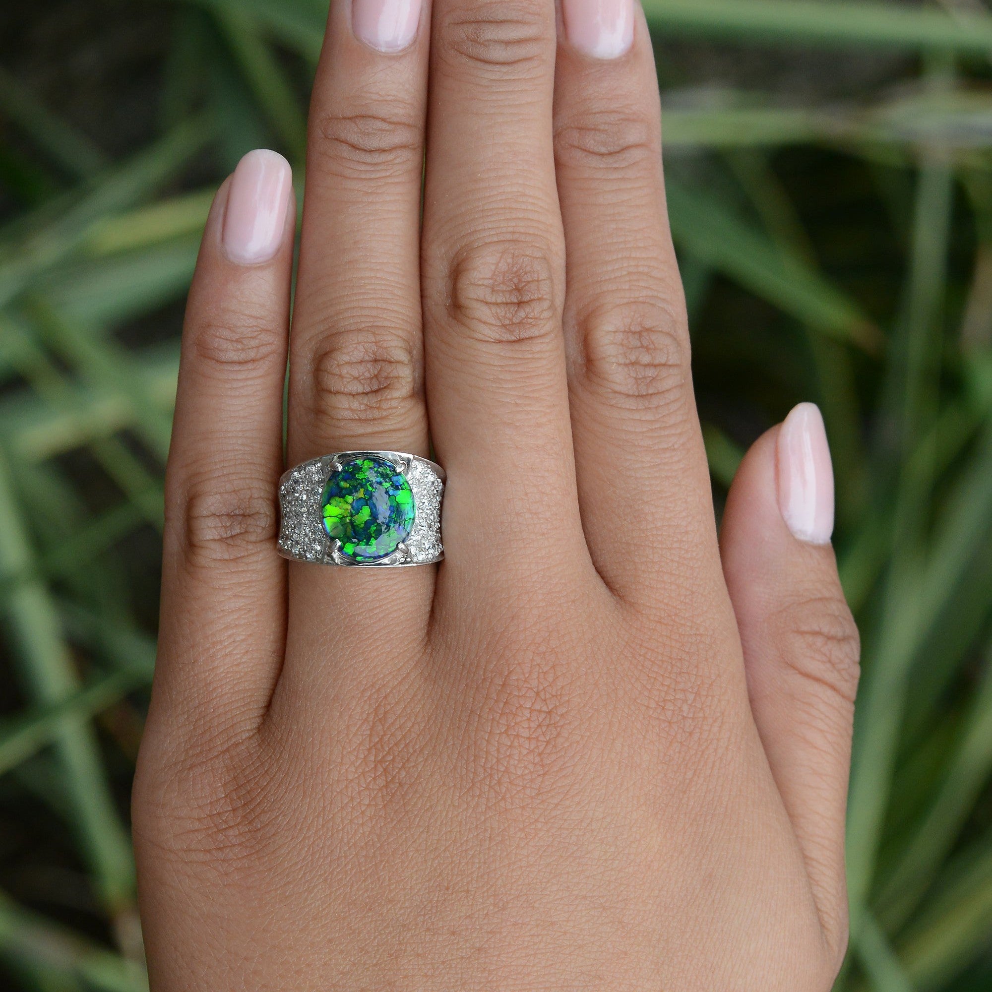 Fiery Australian Black Opal and Diamond Cocktail Ring