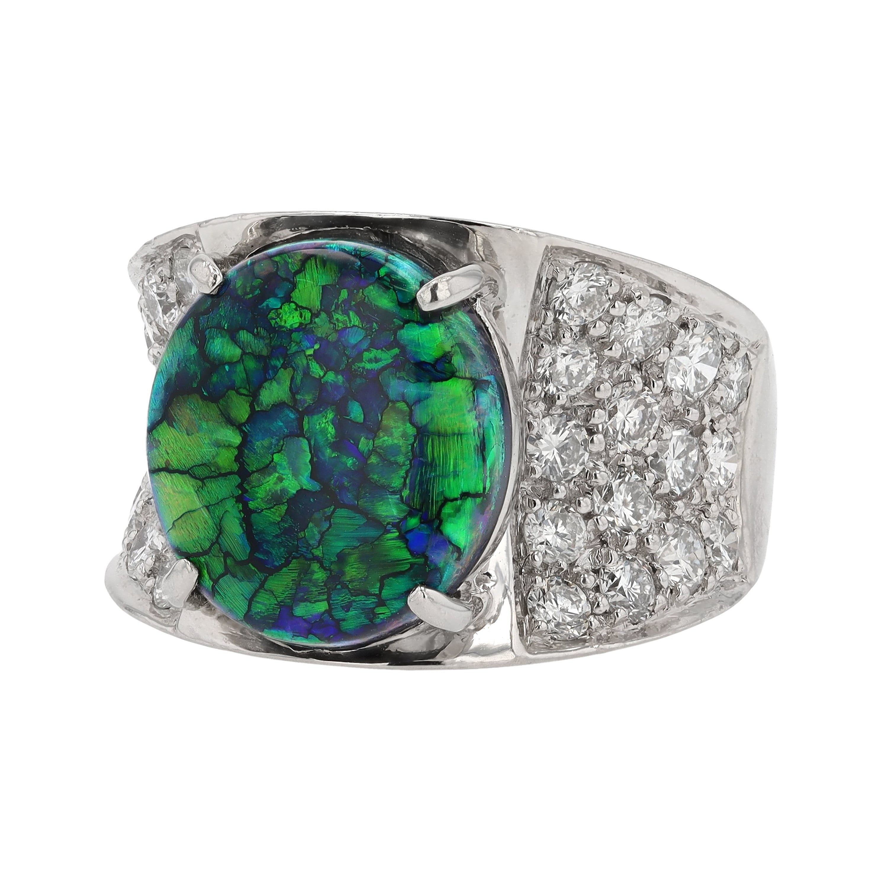 Fiery Australian Black Opal and Diamond Cocktail Ring