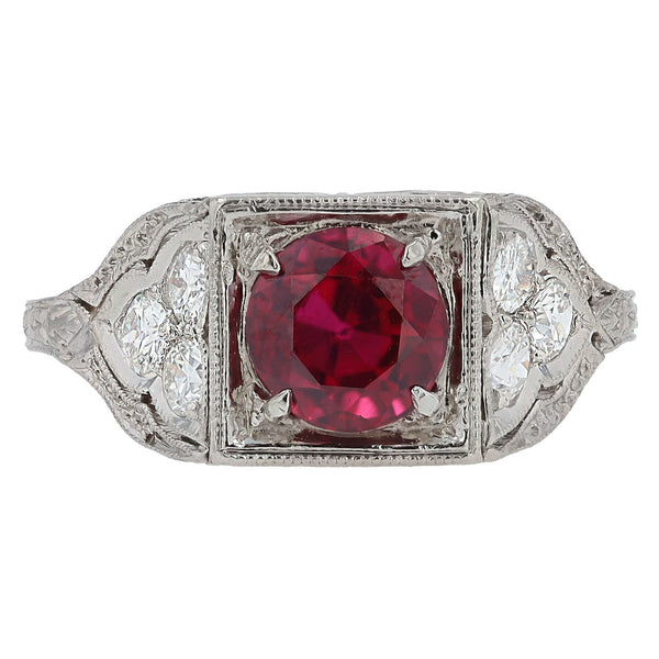 GIA Certified 1.46 Carat No Heat Ruby & Diamond Art Deco Engagement Ring