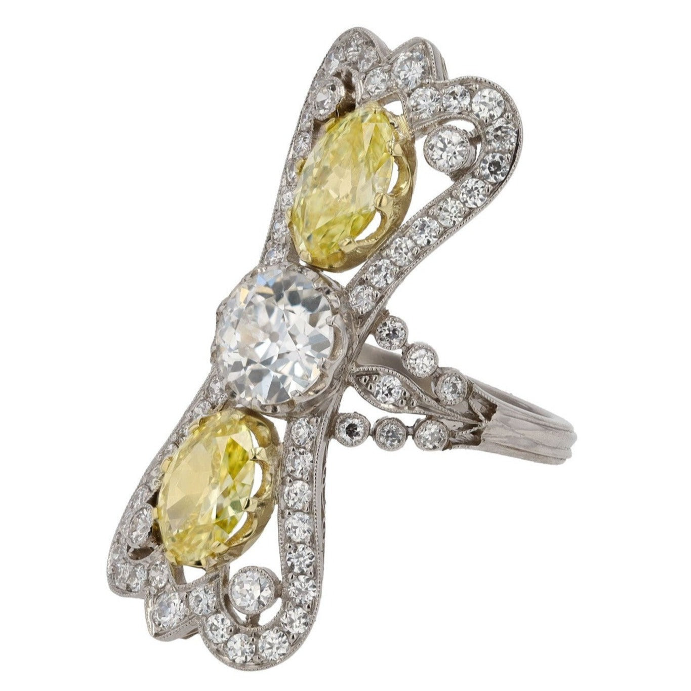 GIA Certified 3.41 Carat Three Stone Yellow Antique Diamond Cocktail Ring