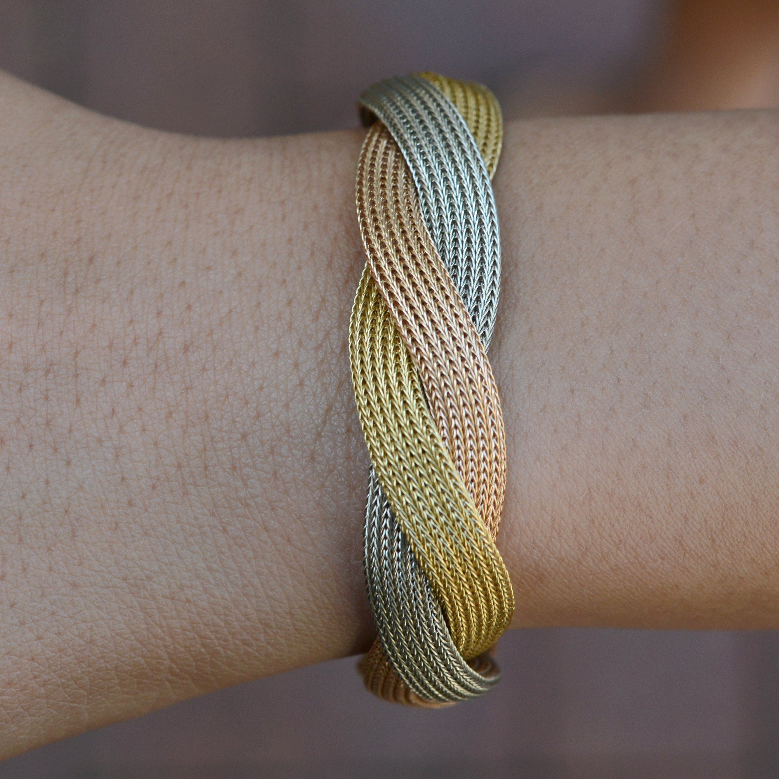 Italian 18K Tri-Color Gold Braided Mesh Bracelet