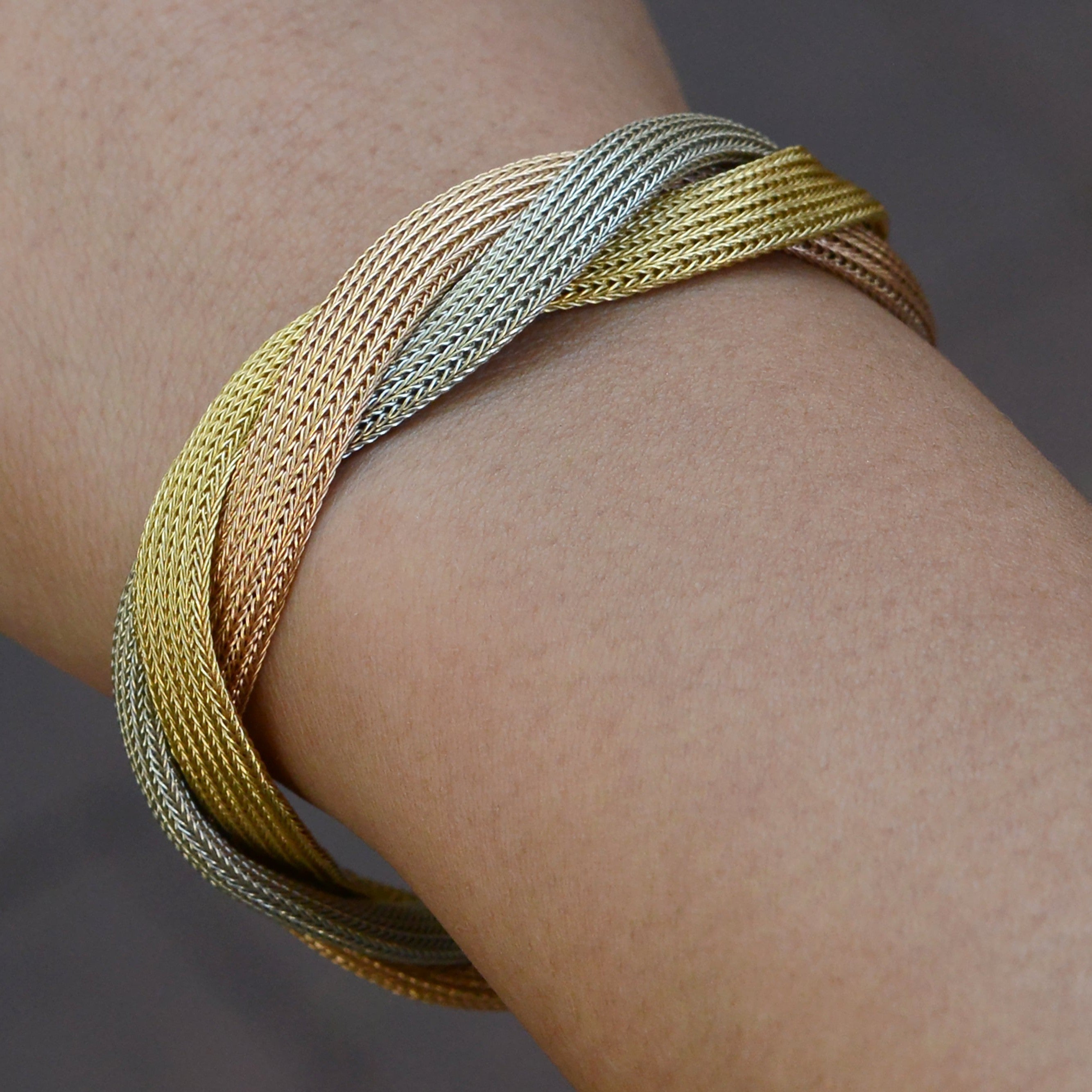 Italian 18K Tri-Color Gold Braided Mesh Bracelet