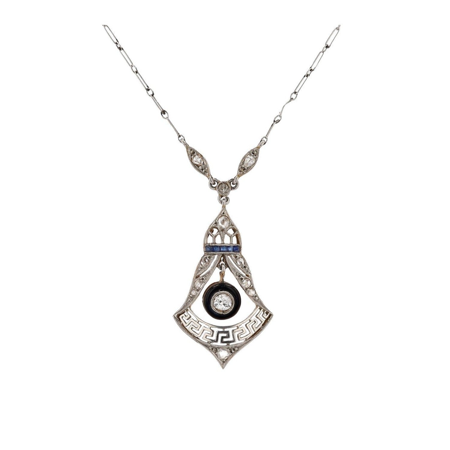 Edwardian Diamond and Onyx Lavaliere Pendant Necklace