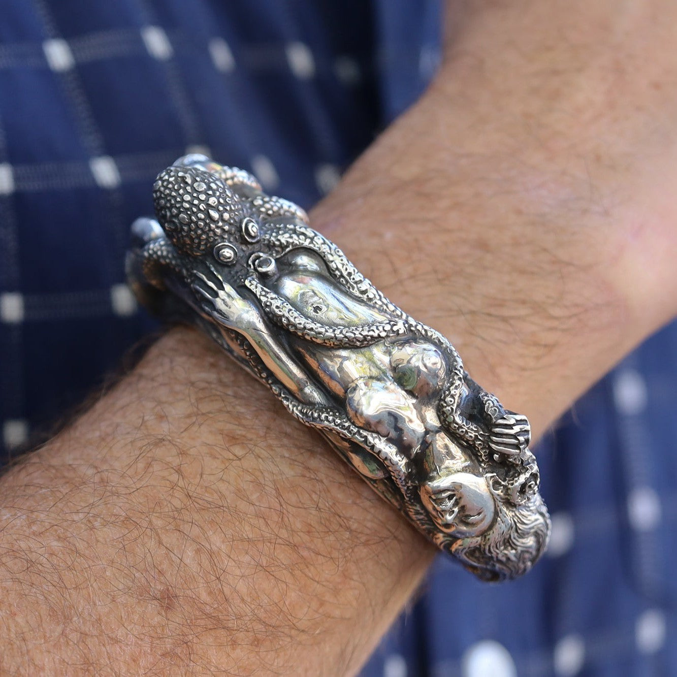 Mens Bracelet Octopus & Nude Woman Silver Cuff Japanese Shunga Erotica