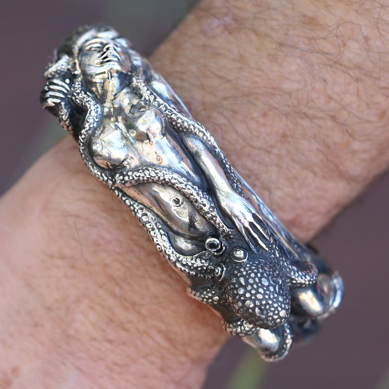 Mens Bracelet Octopus & Nude Woman Silver Cuff Japanese Shunga Erotica