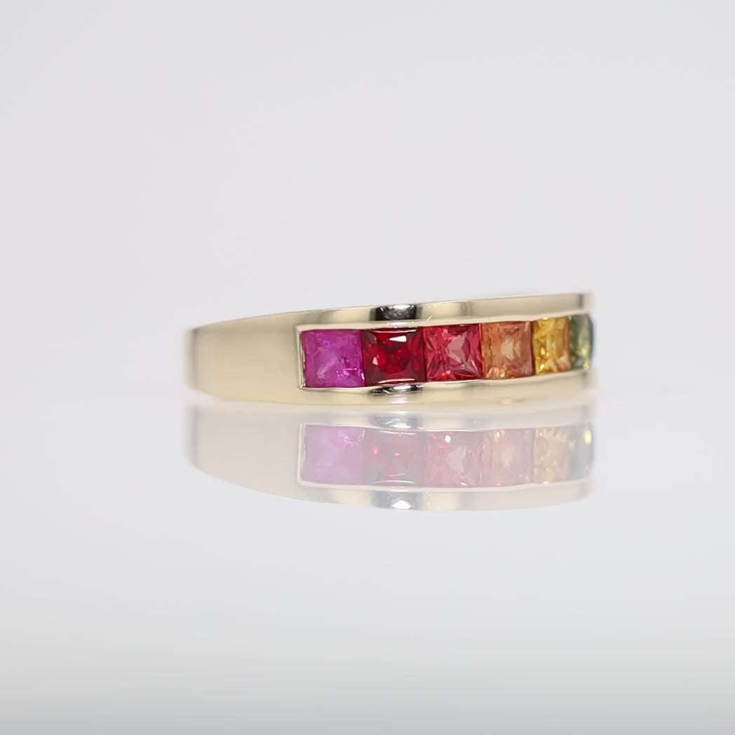 RDY Multi Color Rainbow Sapphire Yellow Gold Wedding Band