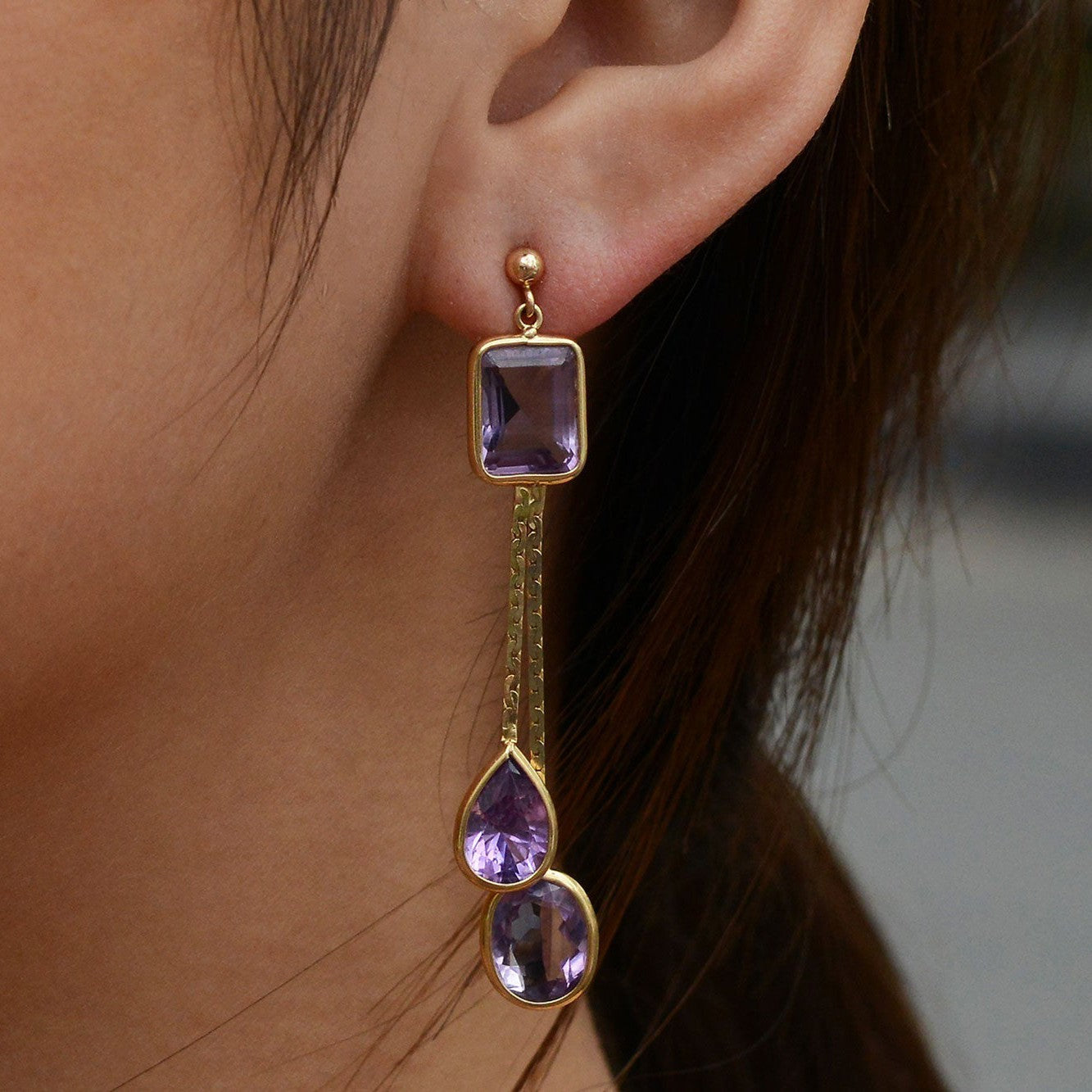 Retro Amethyst Yellow Gold Geometric Dangle Earrings