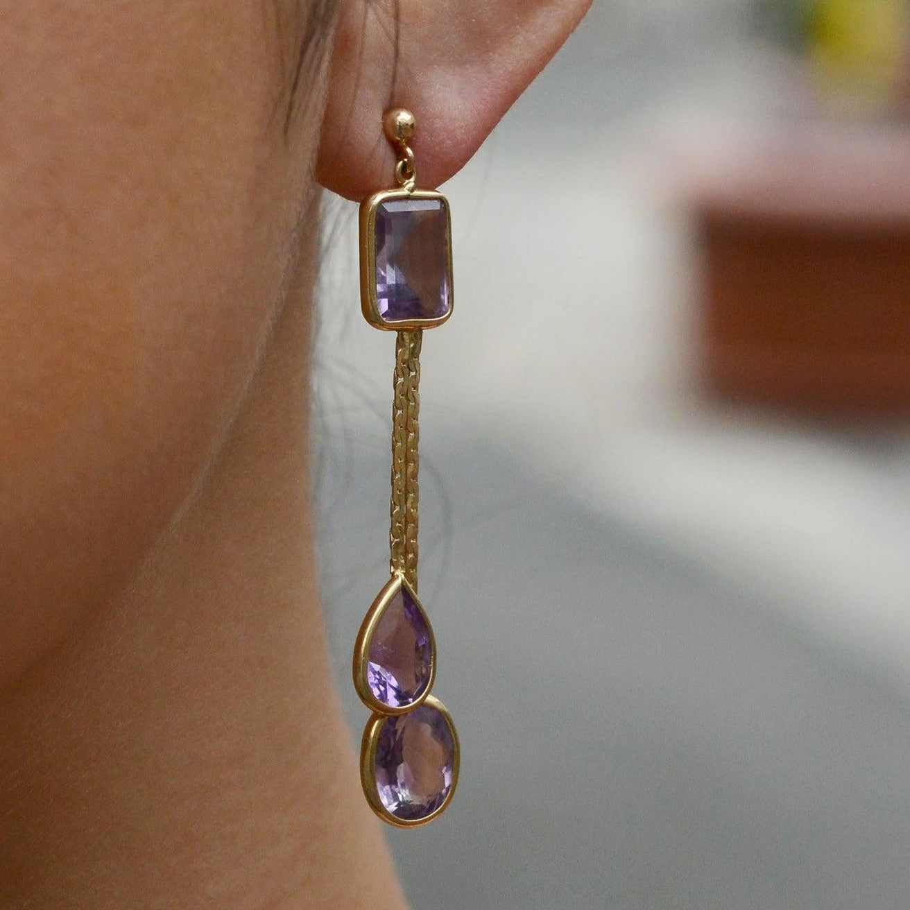 Retro Amethyst Yellow Gold Geometric Dangle Earrings