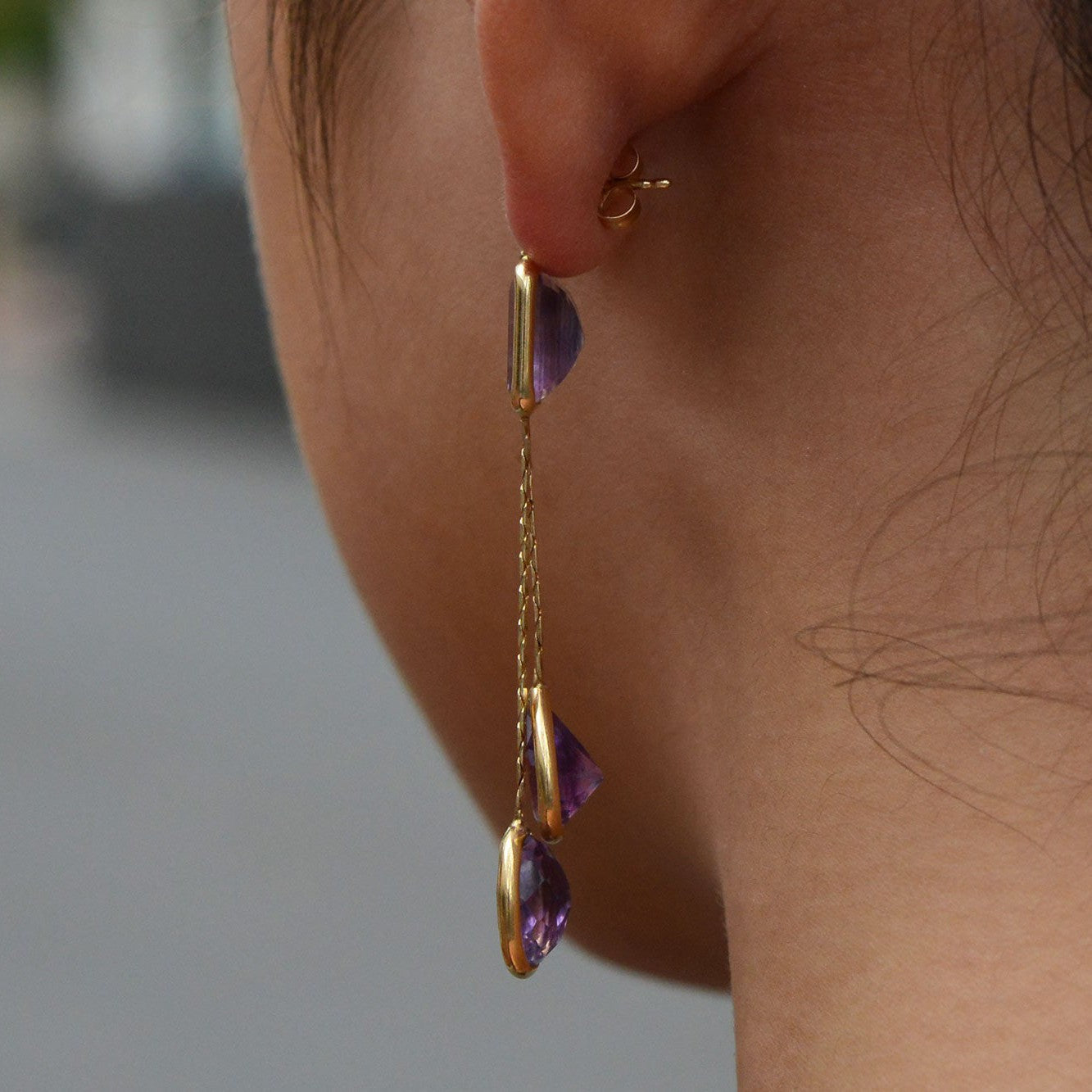 Retro Amethyst Yellow Gold Geometric Dangle Earrings