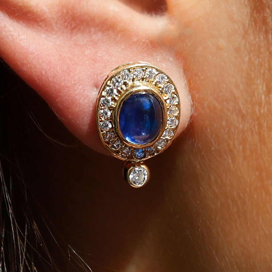 Vintage 3 Carat Cabochon Sapphire and Diamond Earrings