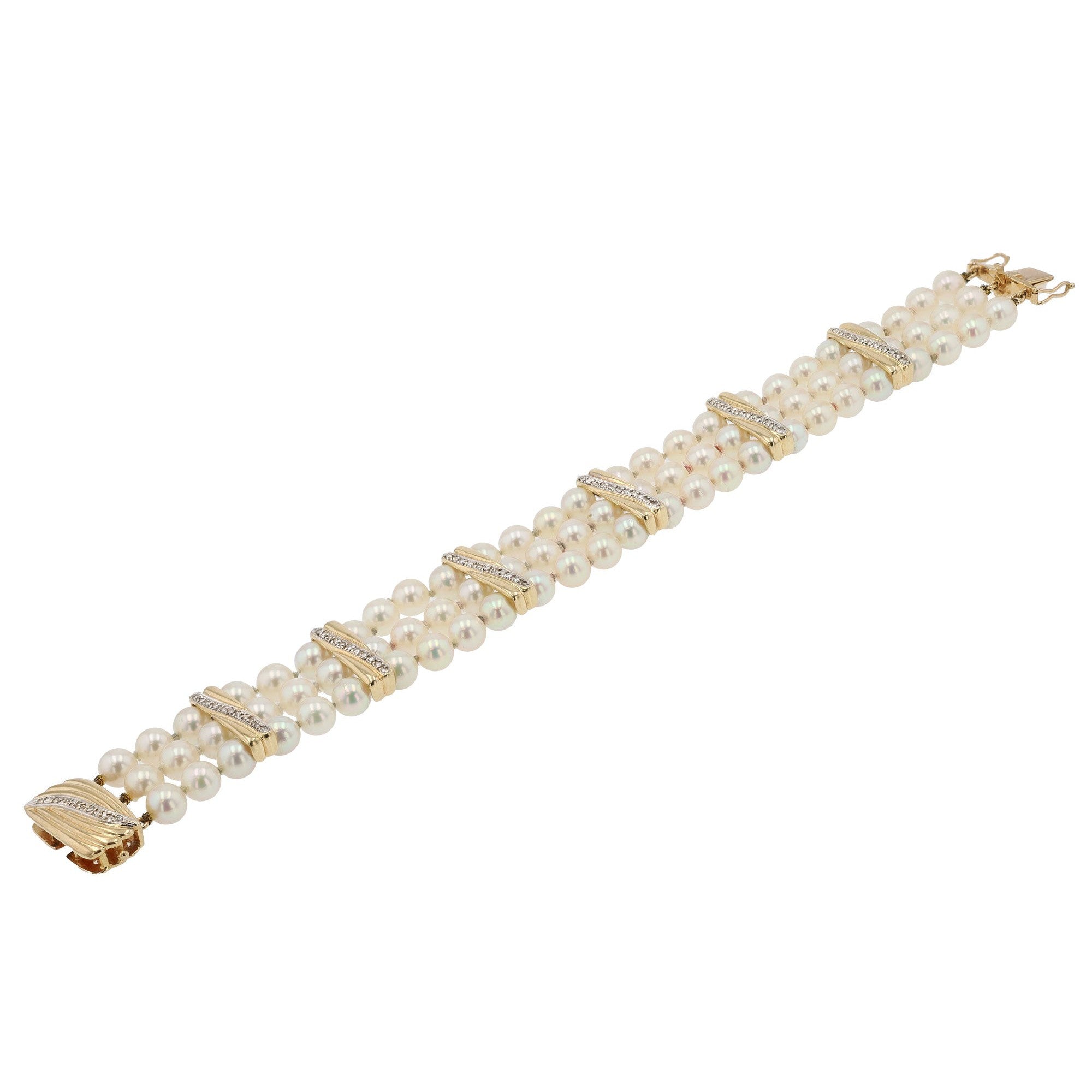 Vintage 3-Row Pearl Yellow Gold & Diamond Bracelet