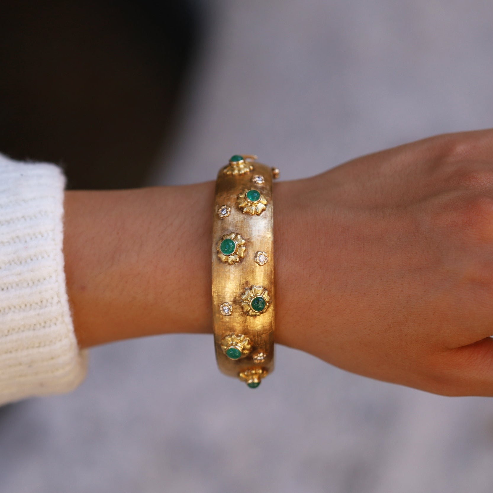 Vintage Emerald Cabochon and Diamond Bangle Bracelet