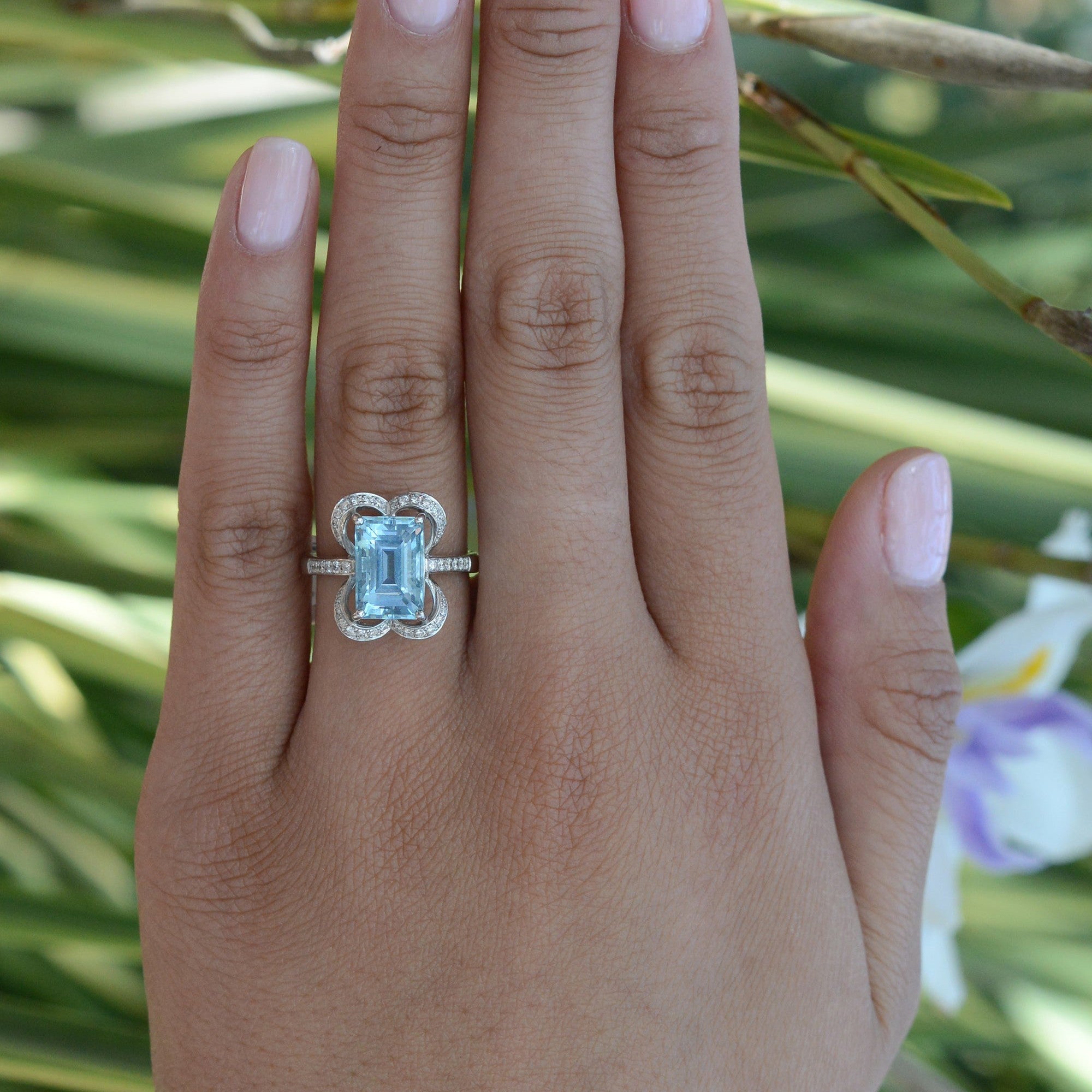 Vintage Emerald Cut Aquamarine Alhambra Engagement Ring