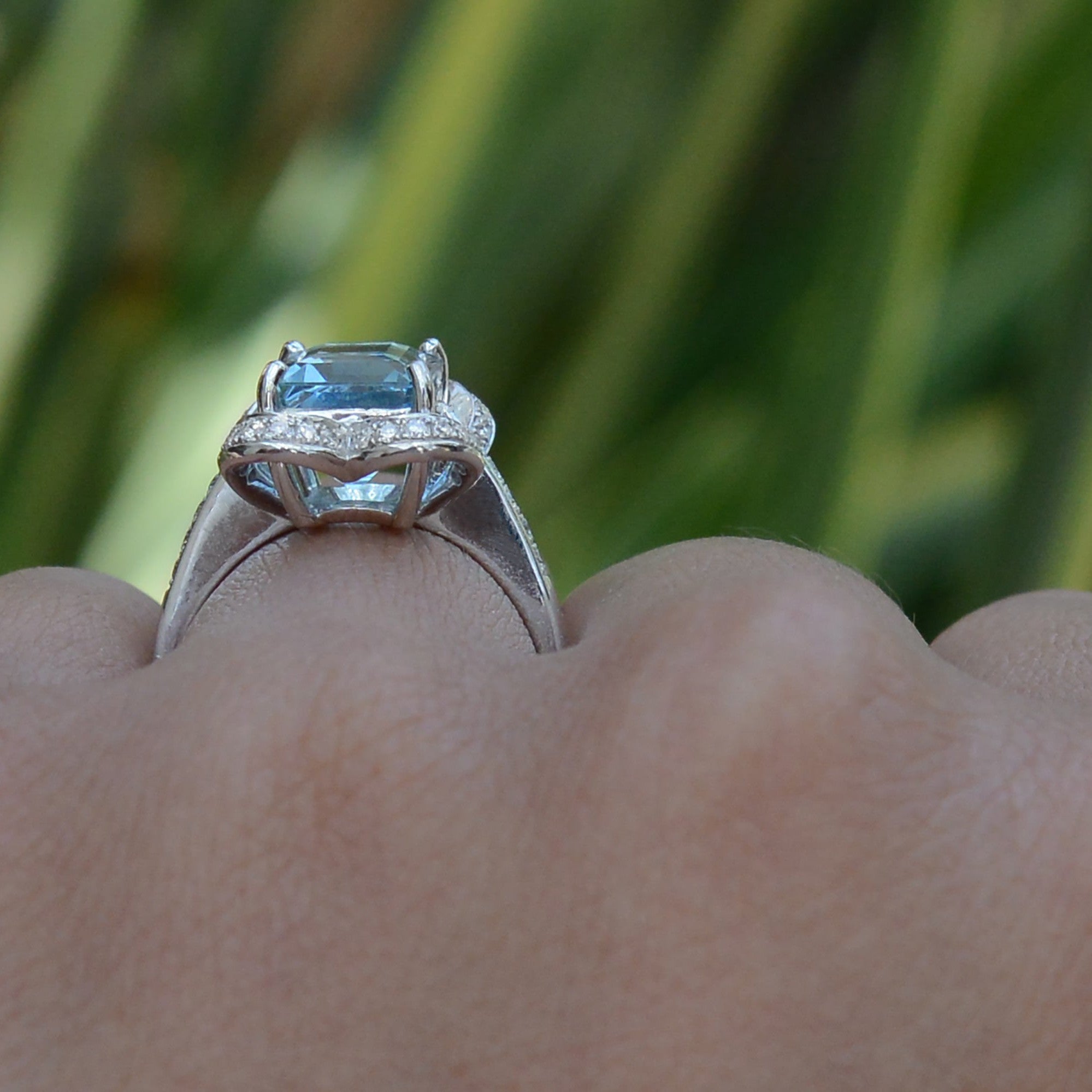 Vintage Emerald Cut Aquamarine Alhambra Engagement Ring