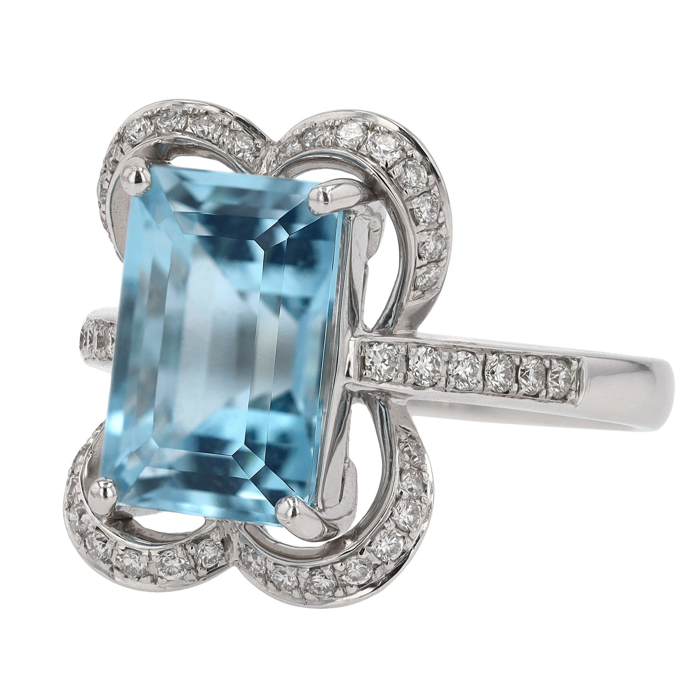 Vintage Emerald Cut Aquamarine Alhambra Engagement Ring