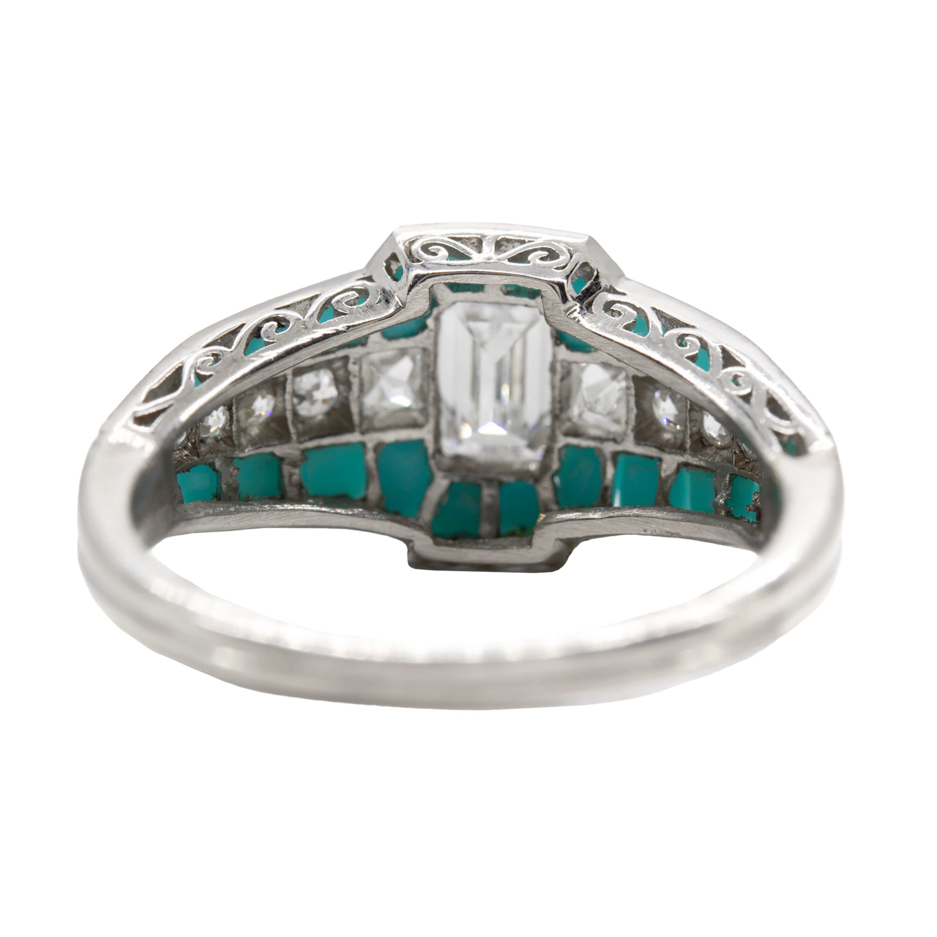 Vintage Emerald Cut Diamond and Turquoise Engagement Ring