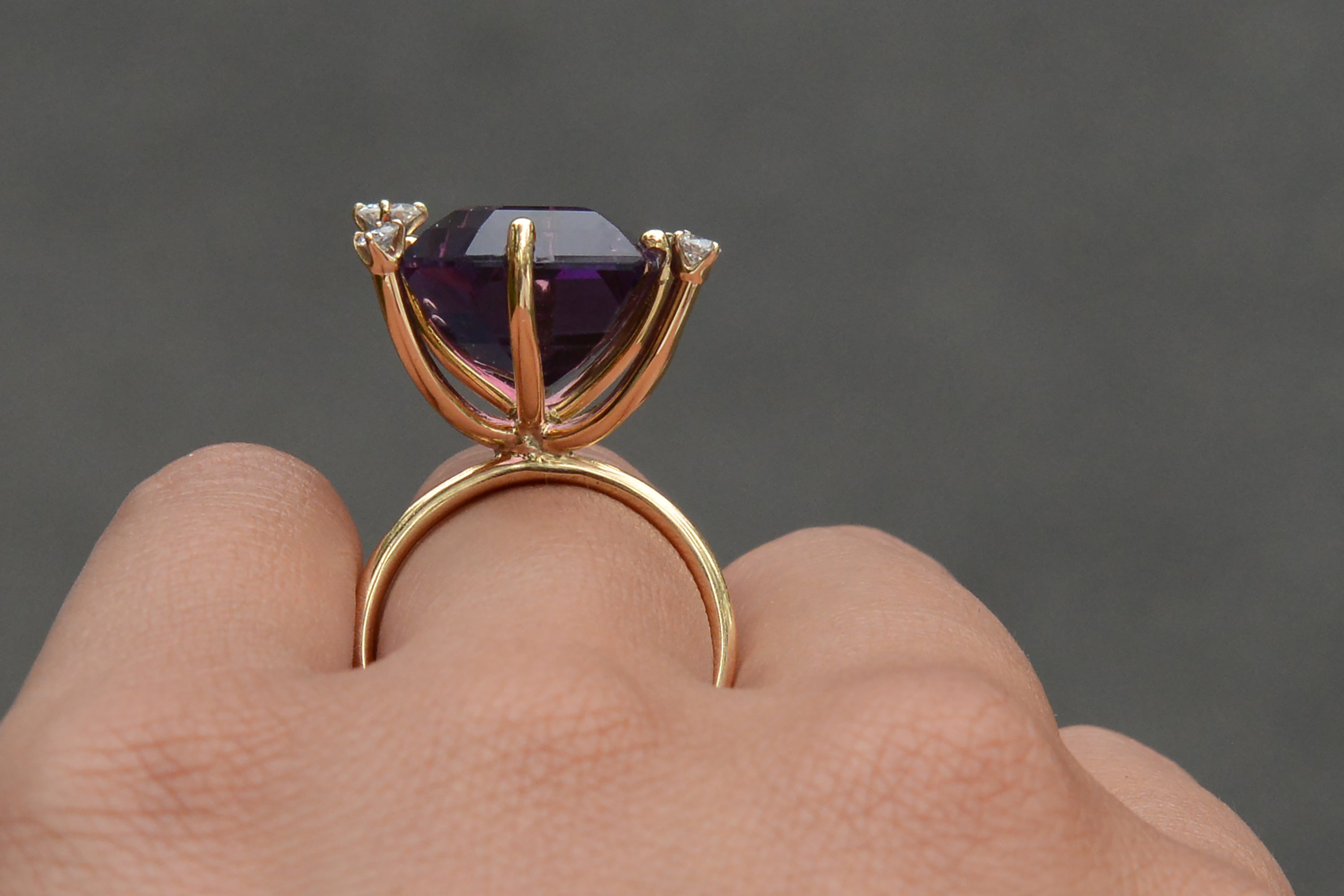 Vintage Modernist Amethyst and Diamond Cocktail Ring