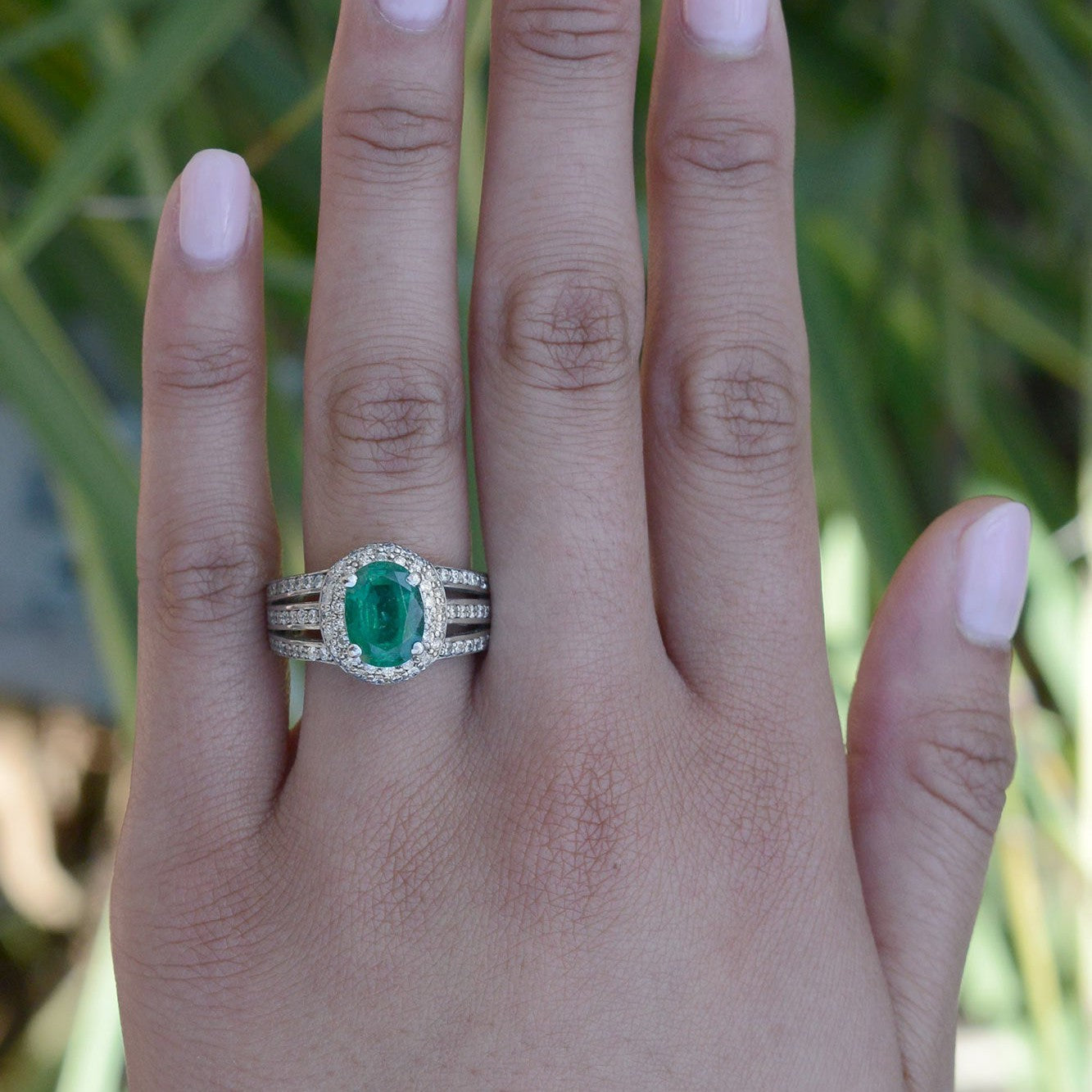 Vintage Oval Emerald and Diamond Wide 3 Band Ring