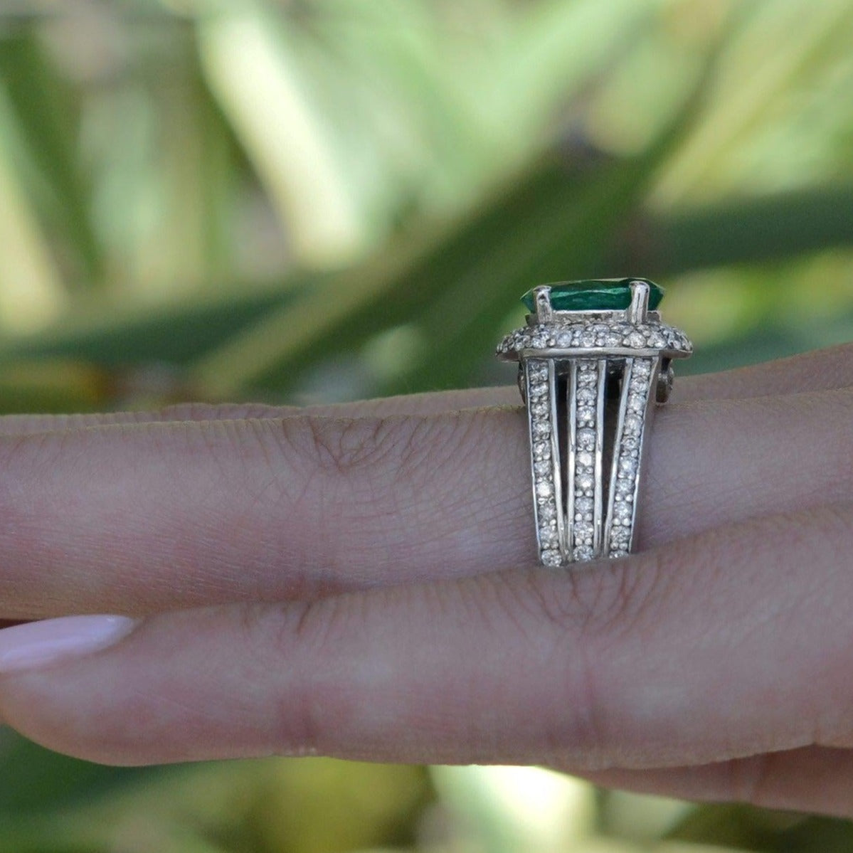 Vintage Oval Emerald and Diamond Wide 3 Band Ring