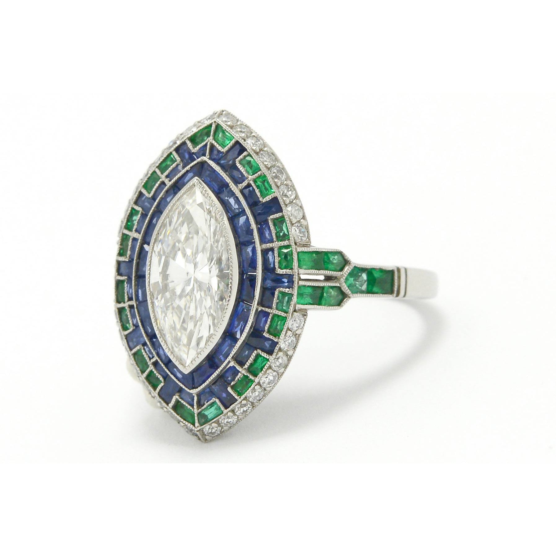 This unique Art Deco style mosaic engagement ring has over 4 carats of gems.