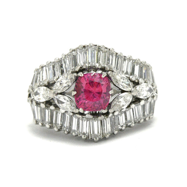 1 carat antique cushion pink sapphire and diamond, mid century statement ring.