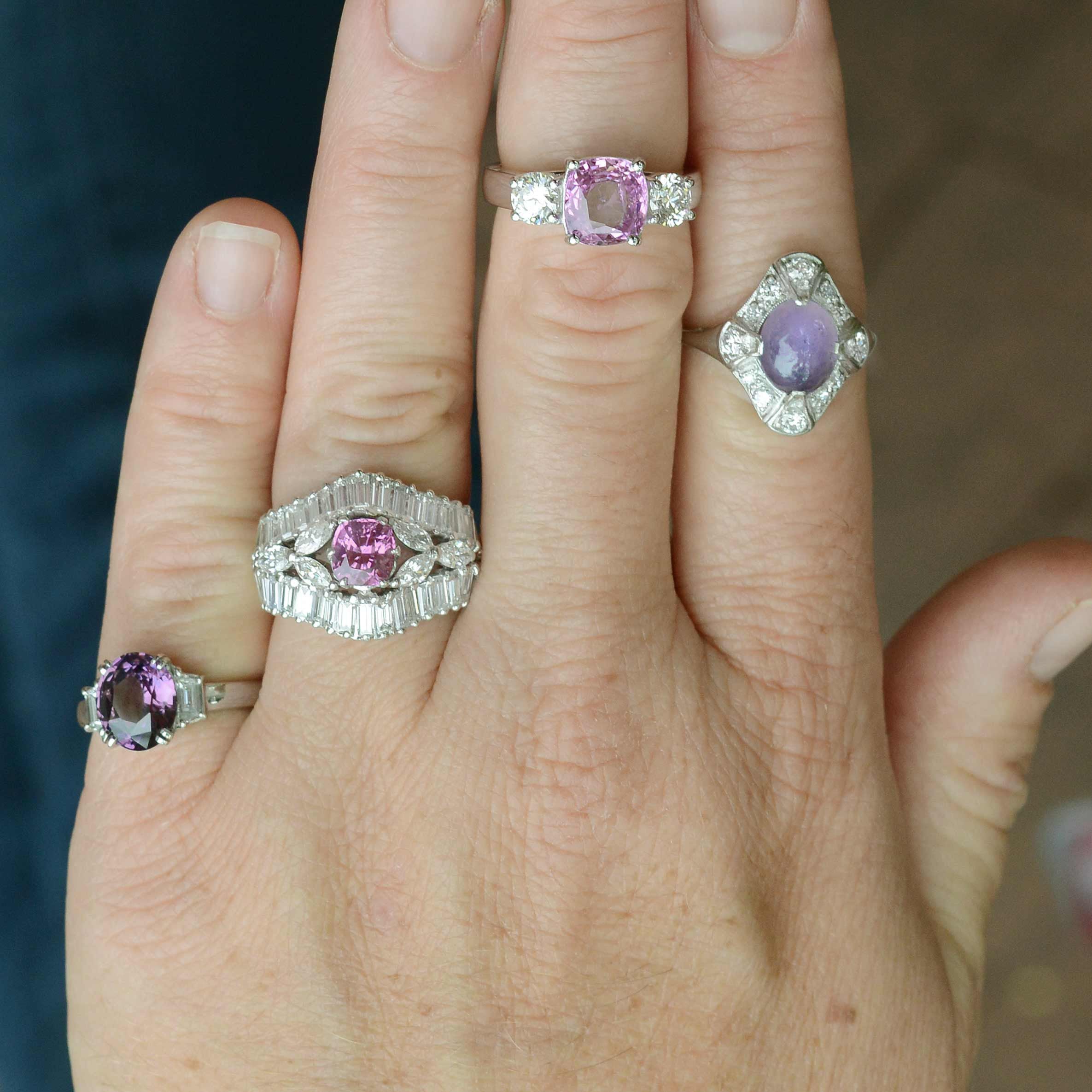 Pinkish purple sapphire with diamonds, 3 stone engagement rings.